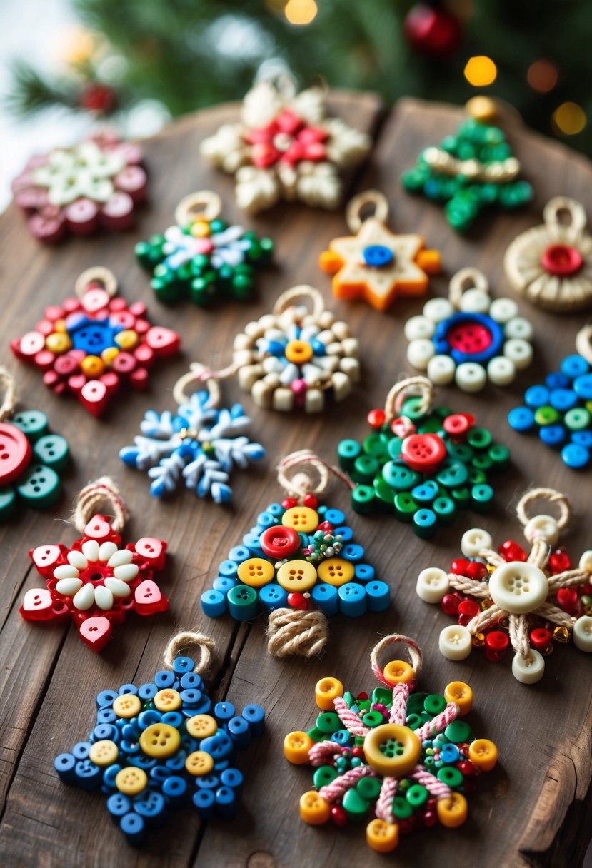 Fifteen handmade Christmas tree ornaments made from colorful buttons arranged on a wooden surface.