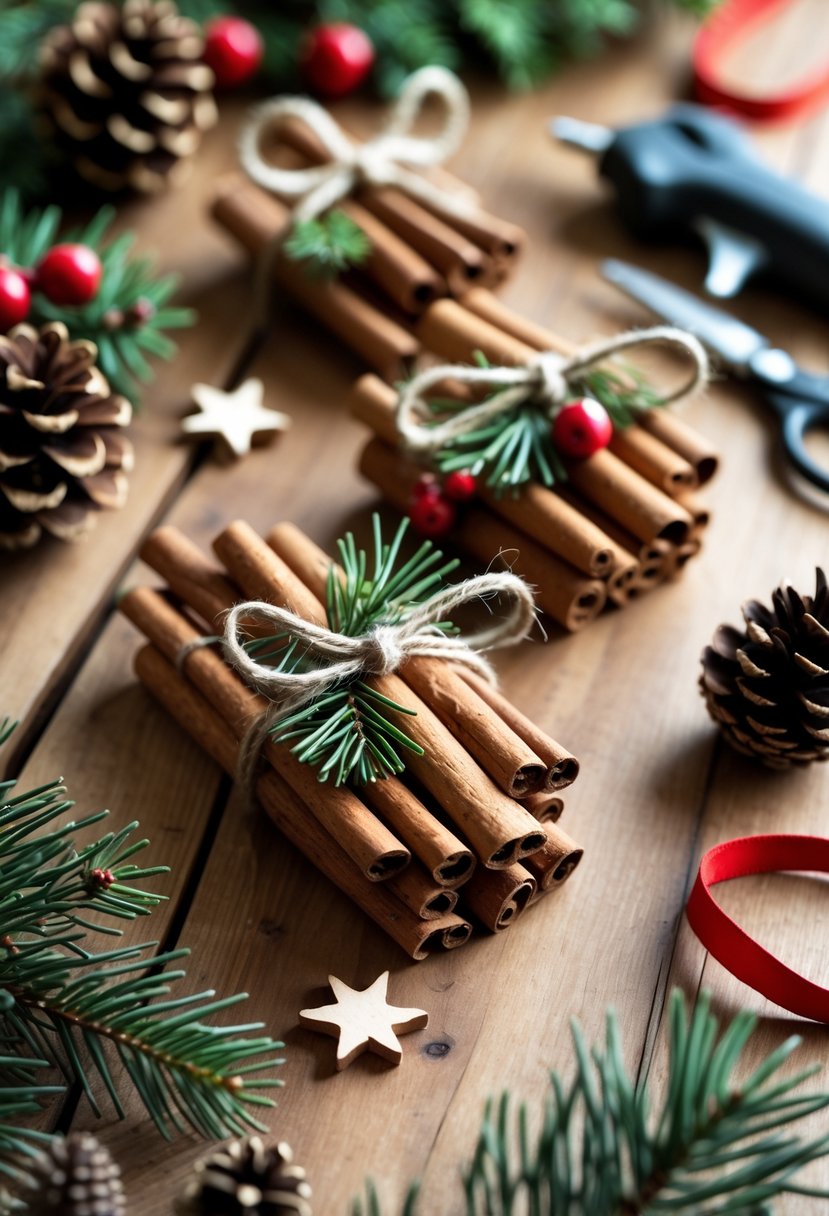 A table with handmade cinnamon stick Christmas ornaments surrounded by crafting supplies and holiday decorations.