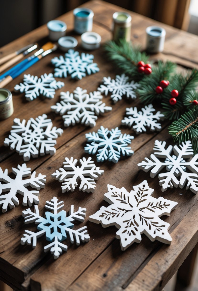 A collection of hand-painted wooden snowflakes on a wooden table surrounded by paintbrushes, paint pots, and pine branches with red berries.
