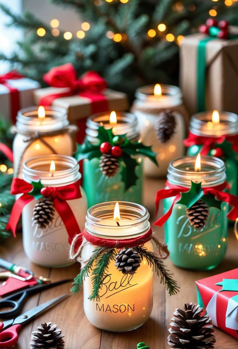 A group of decorated Mason jar candle holders with lit candles on a wooden table surrounded by craft supplies and holiday decorations.