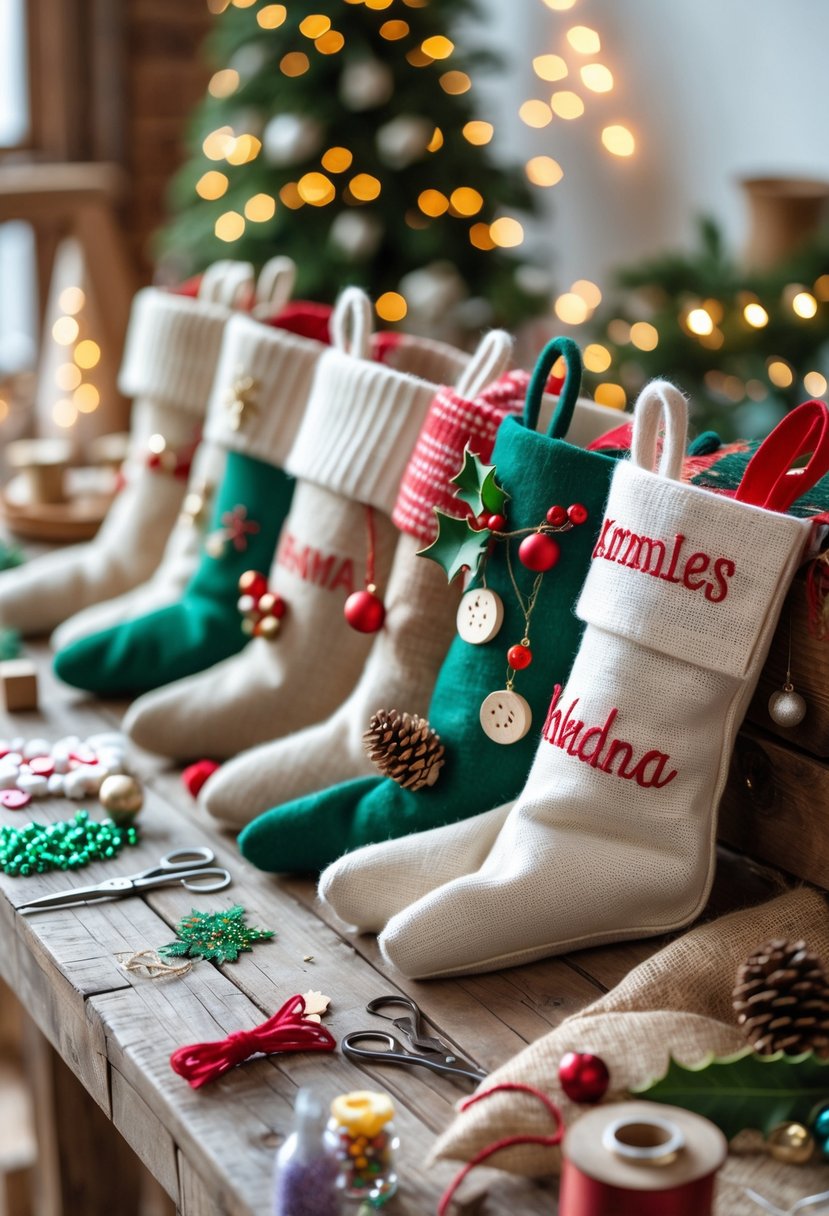 A table with various handmade Christmas stockings decorated with festive craft supplies and holiday decorations.