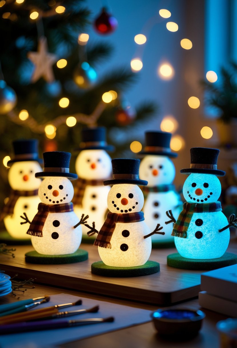 A group of glowing snowman figurines on a wooden table surrounded by craft supplies and Christmas decorations.
