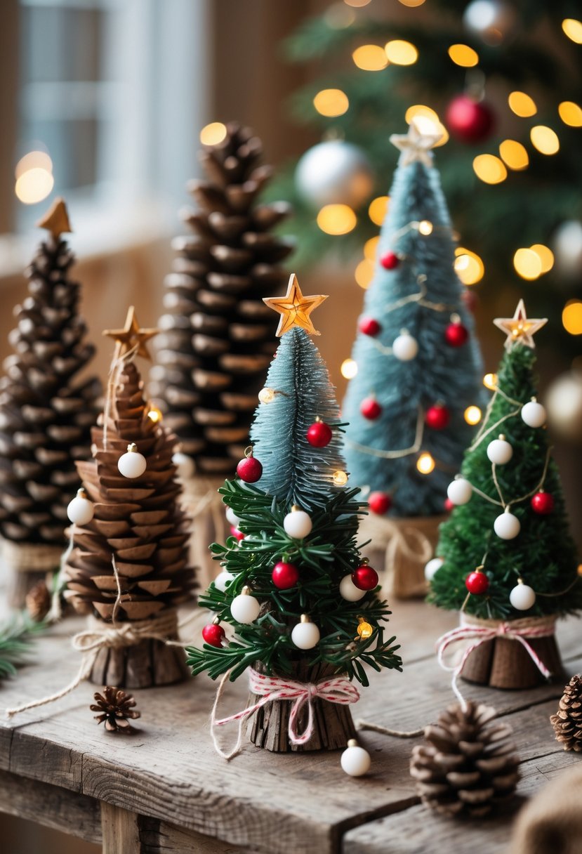 A collection of small decorated mini Christmas tree centerpieces arranged on a wooden table with holiday decorations.