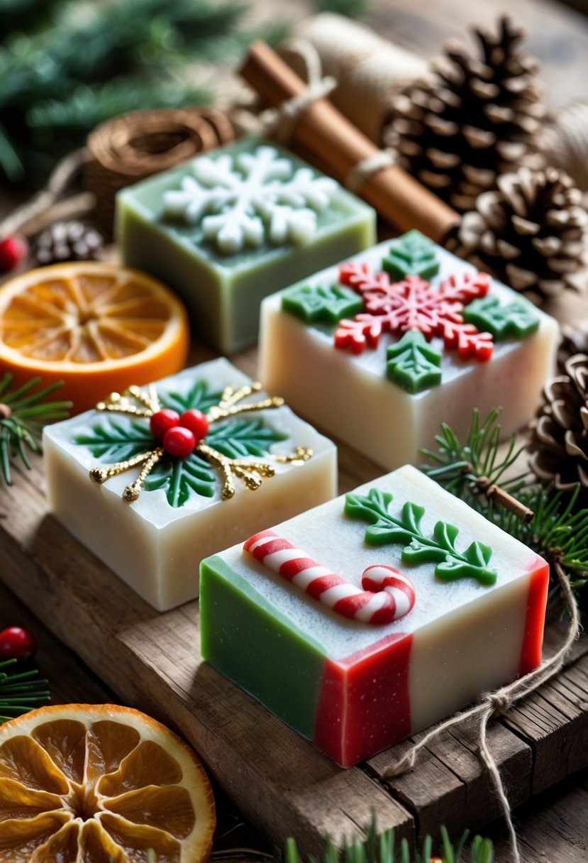 A collection of handmade holiday soap bars decorated with festive designs arranged on a wooden table with natural craft materials around them.