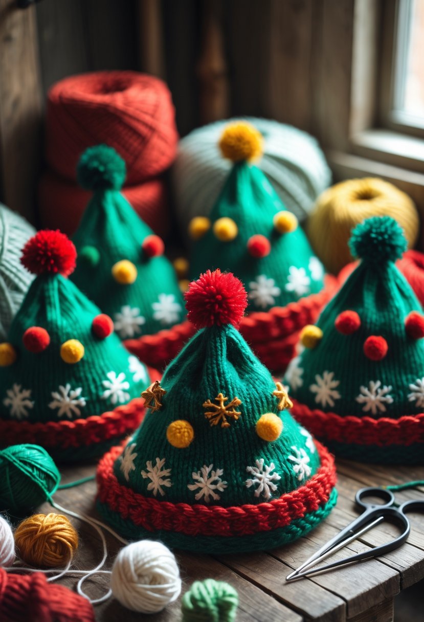 A collection of colorful knitted Christmas tree hats on a wooden table surrounded by yarn and knitting supplies.