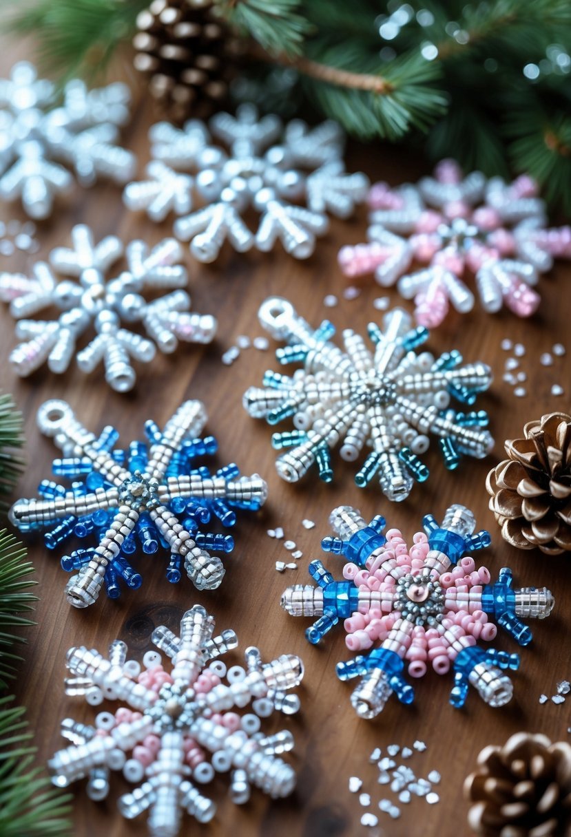 A collection of colorful beaded snowflake ornaments arranged on a wooden surface with pine branches and pinecones nearby.