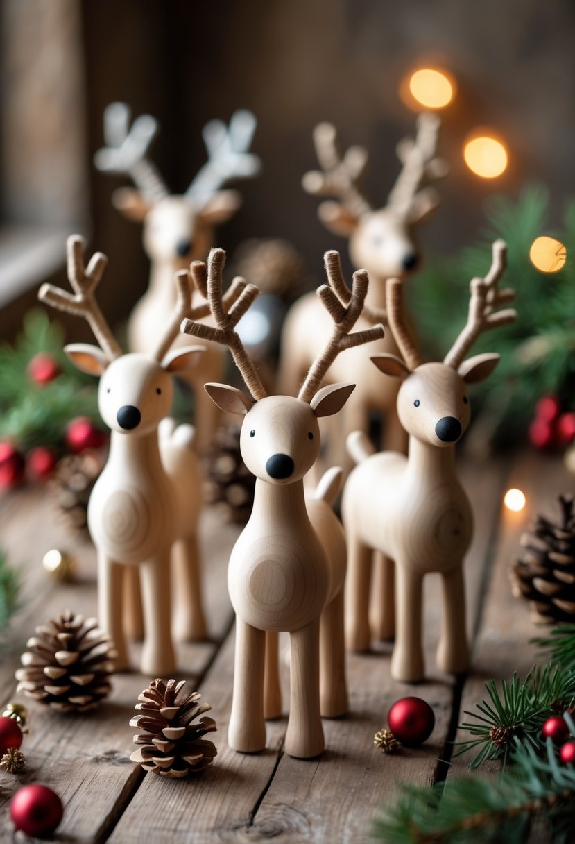 A group of wooden reindeer figurines displayed on a wooden table with Christmas decorations around them.