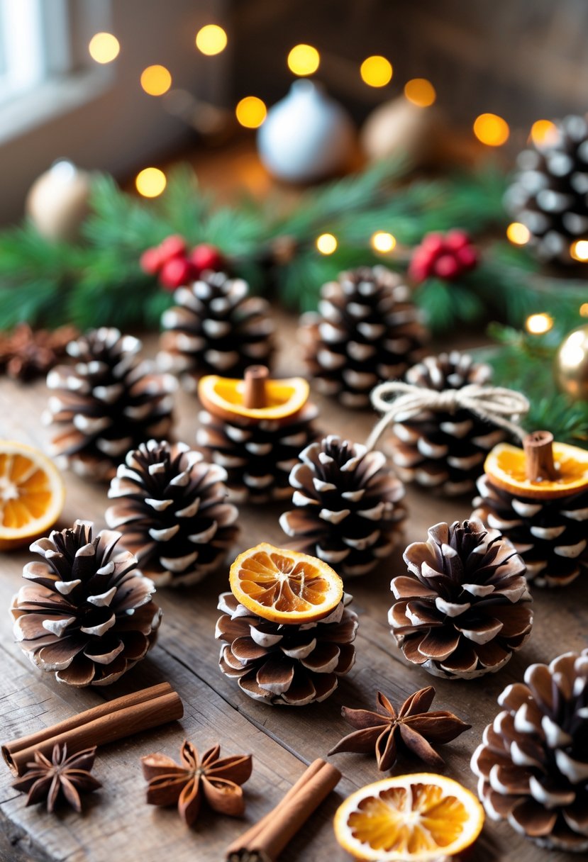 A wooden table displaying decorated pinecone fire starters with cinnamon sticks and dried orange slices, surrounded by holiday greenery and soft lighting.