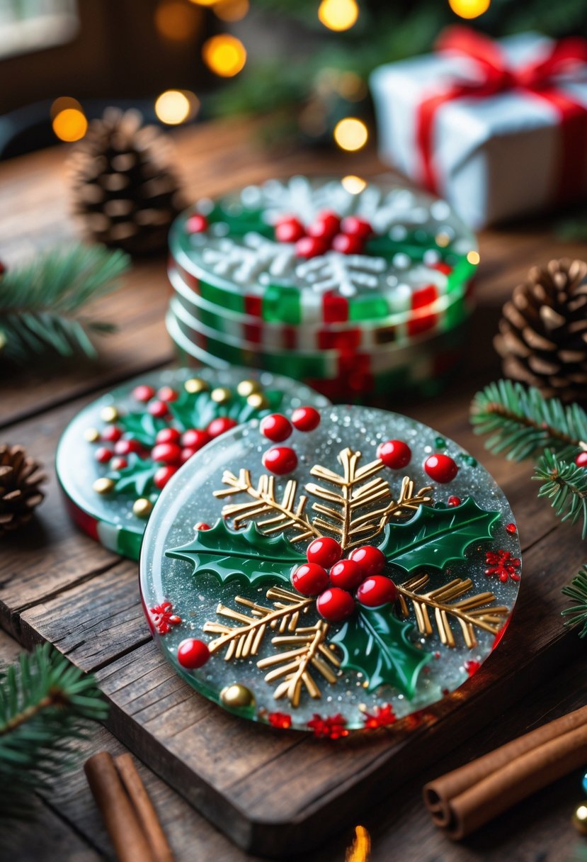 A set of holiday-themed resin coasters with Christmas designs arranged on a wooden table surrounded by festive decorations.