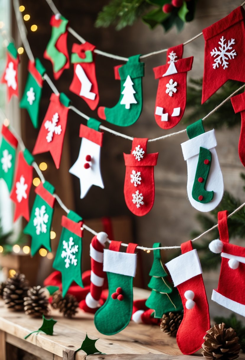 Colorful felt Christmas garland banners with holiday shapes displayed on a wooden table decorated with pinecones and fairy lights in a cozy indoor setting.