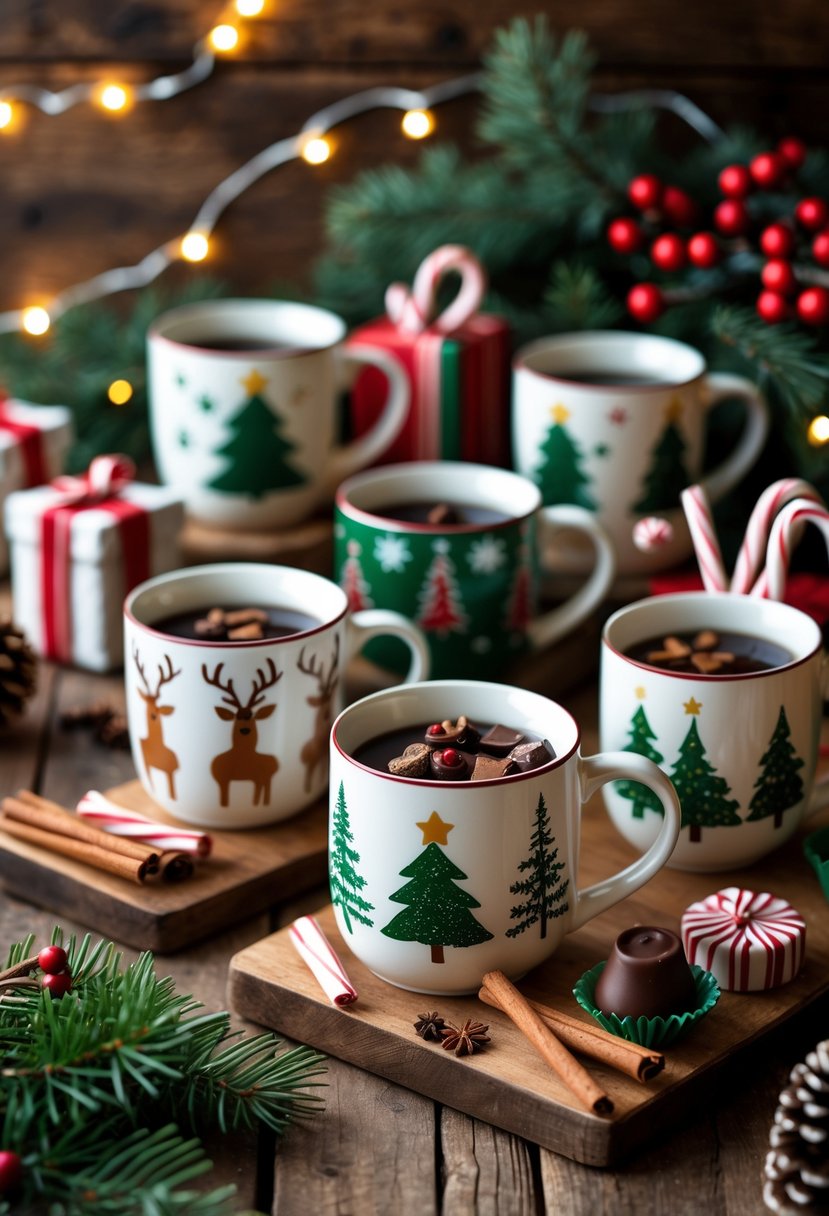 A collection of decorated Christmas mugs with small holiday gift items arranged on a wooden table surrounded by festive decorations.