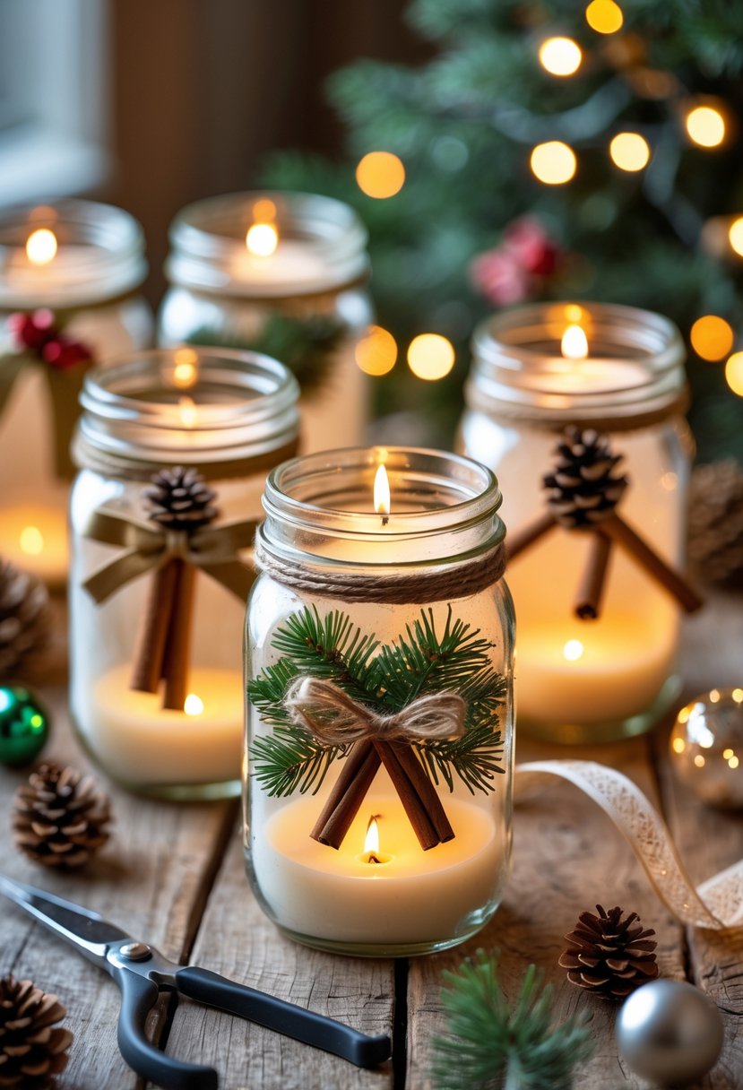 Mason jars decorated as candle holders with Christmas decorations on a wooden table surrounded by crafting materials.