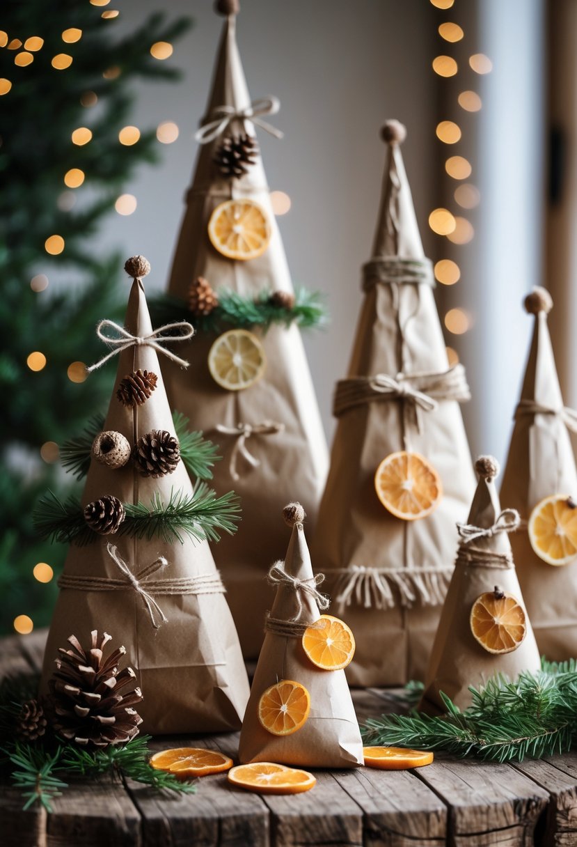 A collection of Christmas trees made from recycled brown paper bags decorated with natural ornaments on a wooden table.