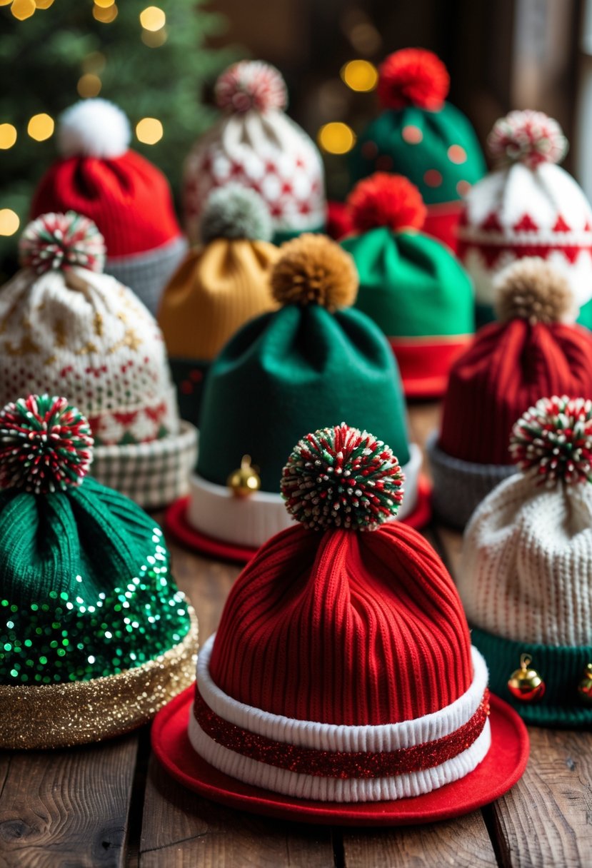 A collection of 15 colorful Christmas hats with mini pompom tops arranged on a wooden table.