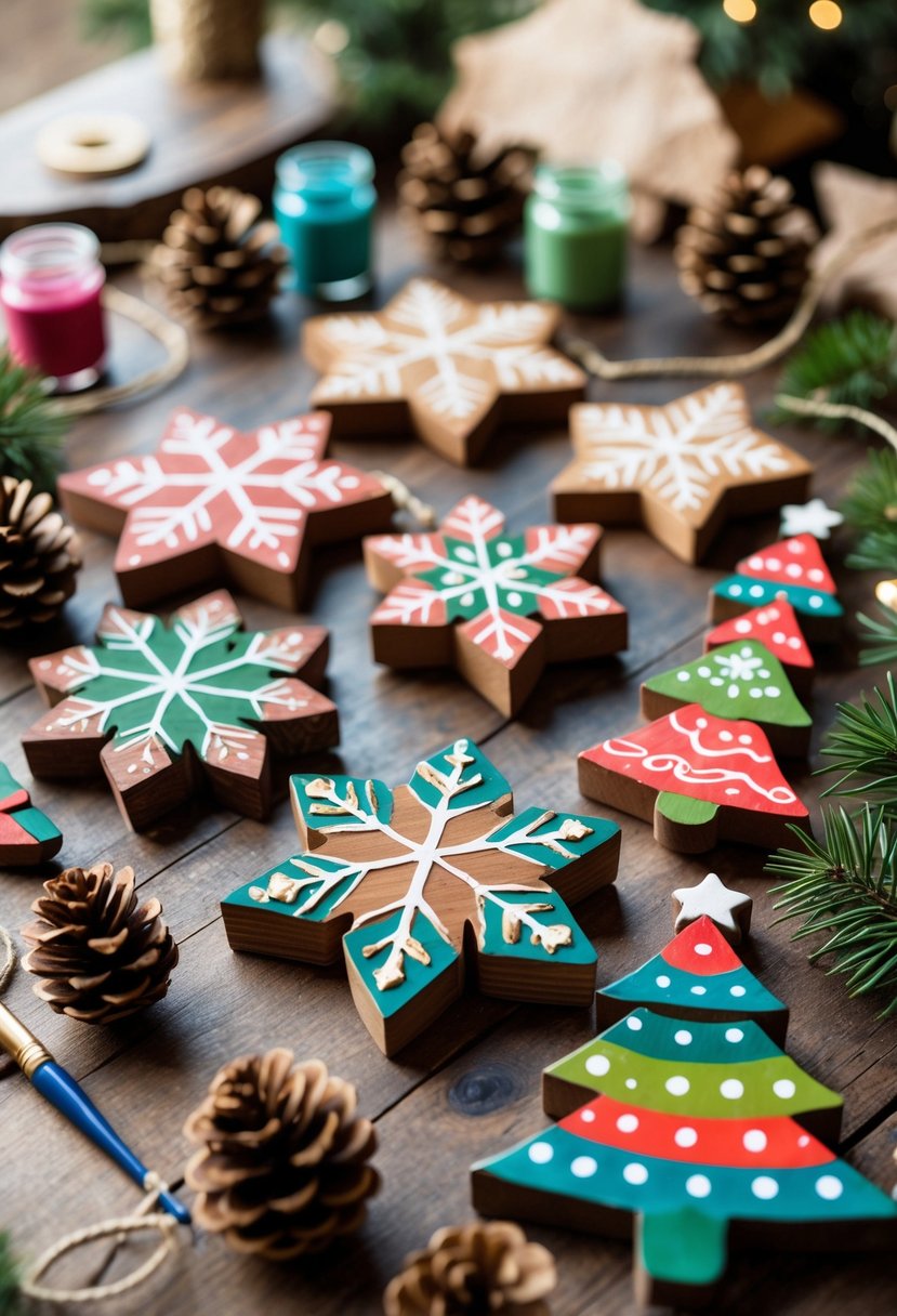 Hand-painted wooden Christmas ornaments and crafting supplies arranged on a wooden table.