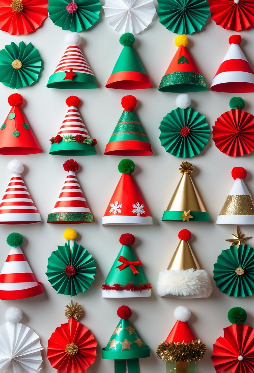 A collage of 15 colorful Christmas hats made from tissue paper squares arranged on a neutral background.