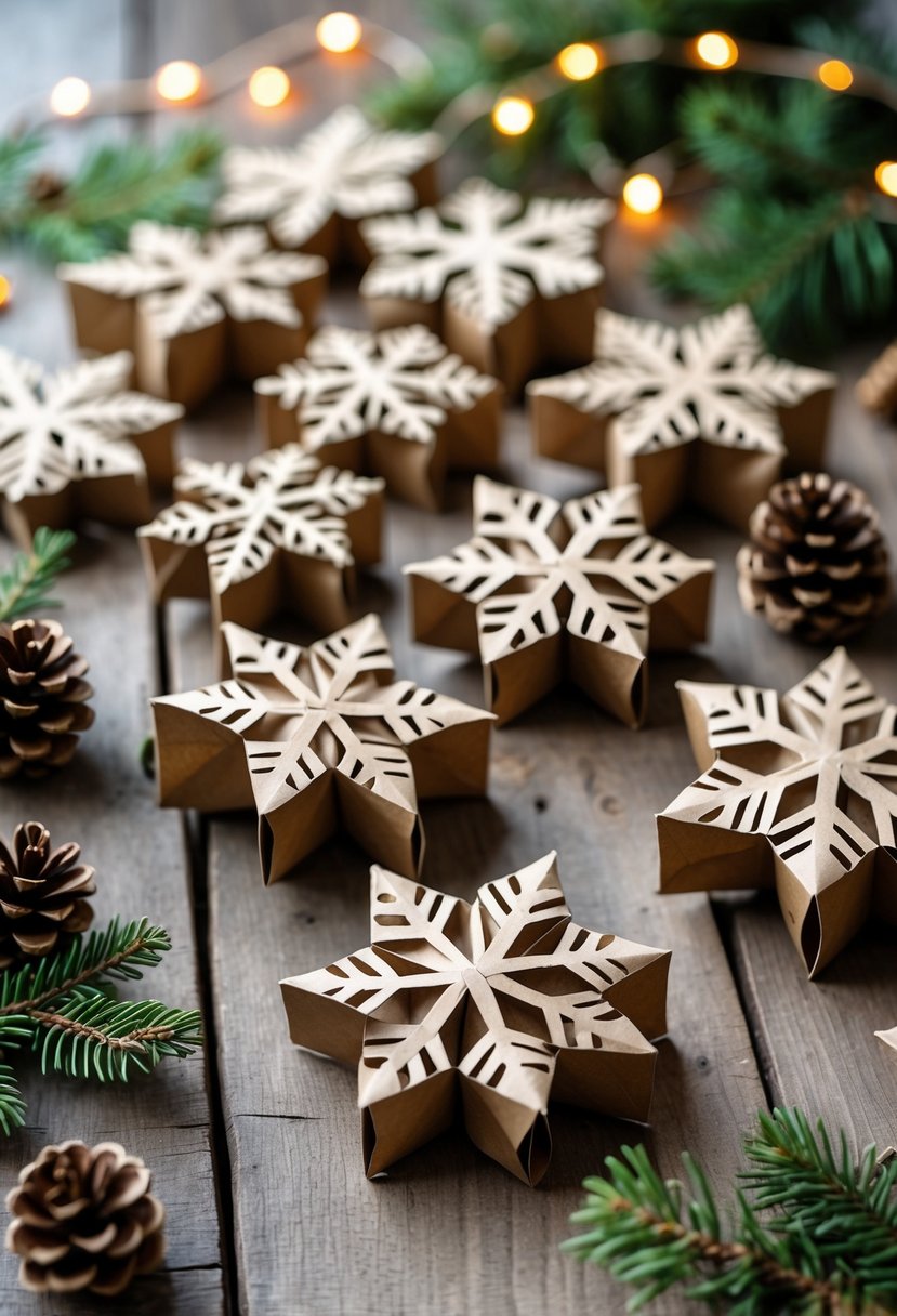 A collection of handmade snowflake ornaments made from brown paper bags arranged on a wooden surface with pine branches and fairy lights.