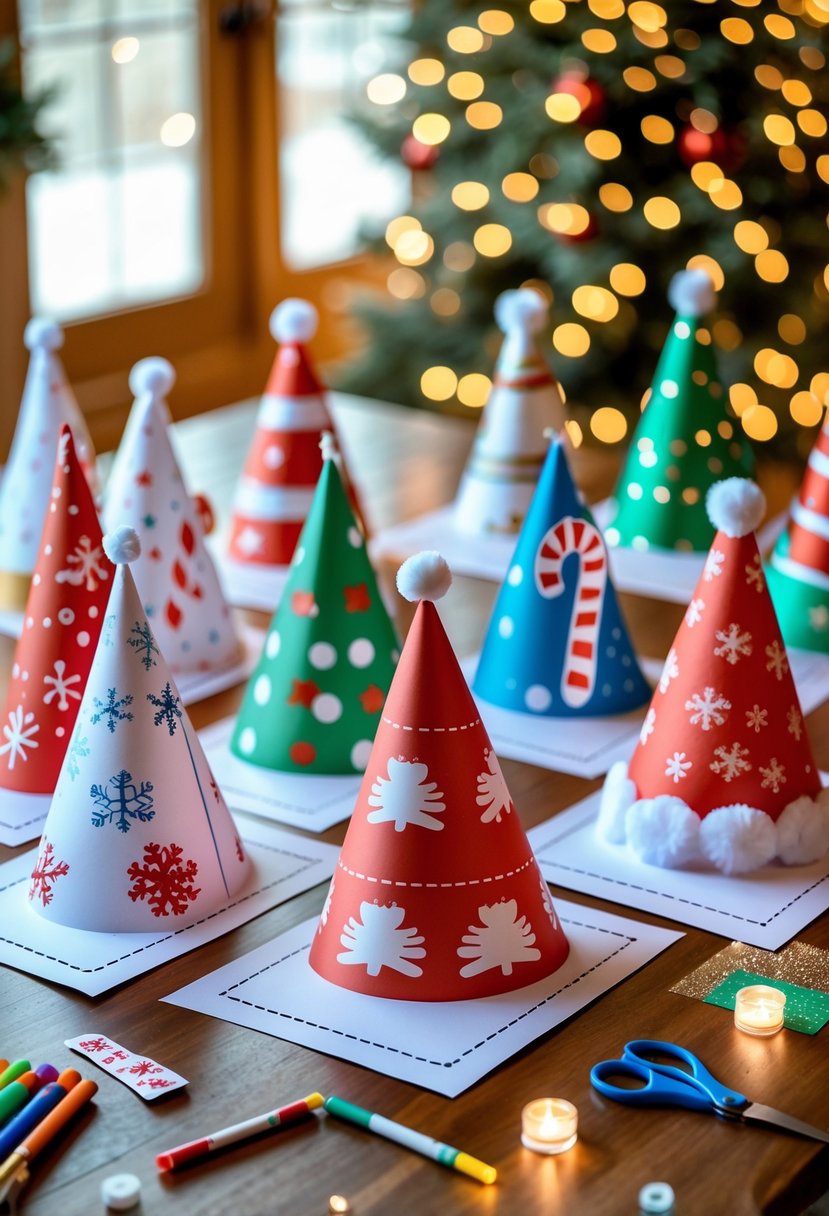 A table with various colorful printable Christmas hat templates and crafting supplies arranged for holiday craft making.