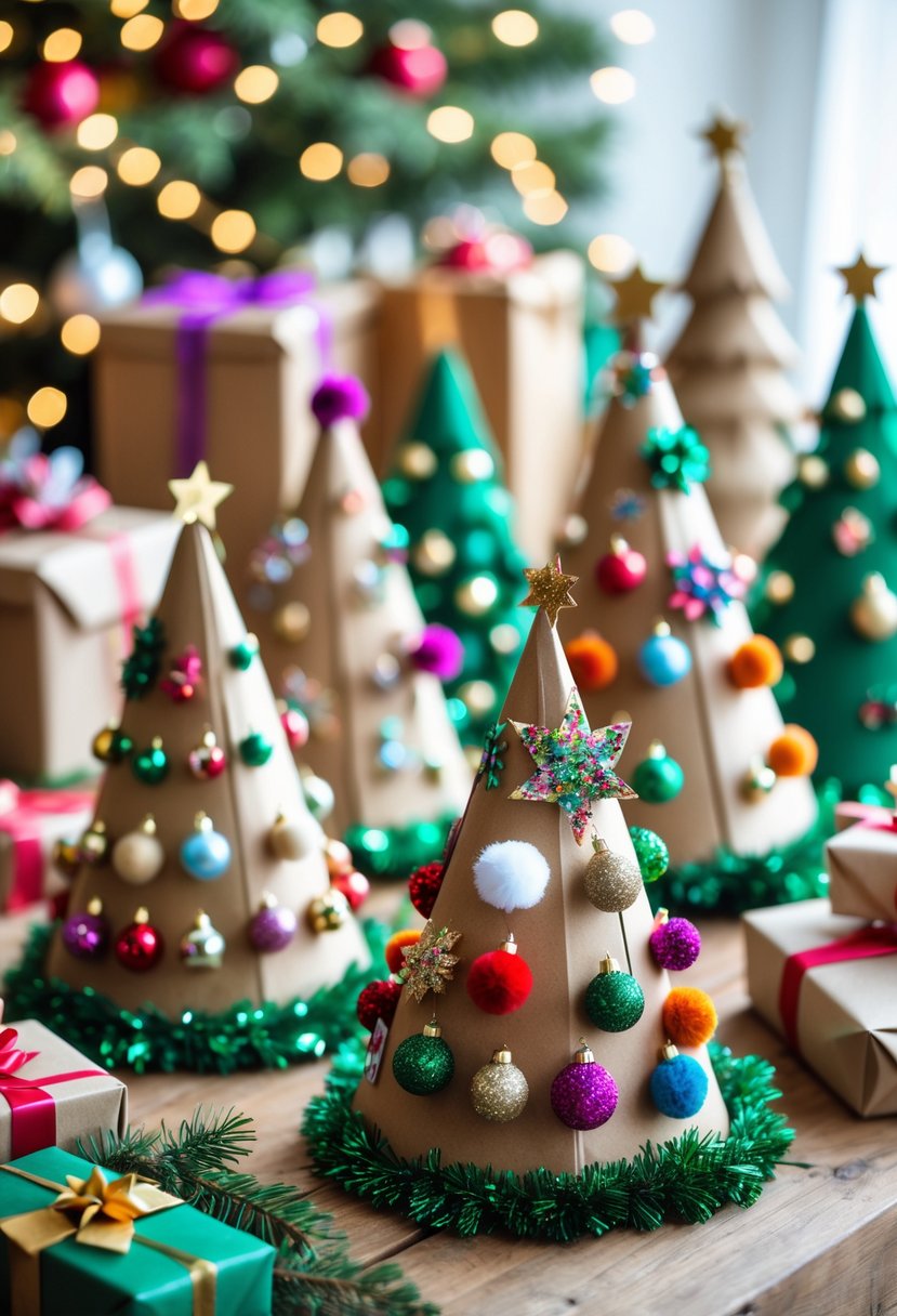 A collection of 15 colorful cardboard Christmas tree party hats decorated with ornaments, glitter, and ribbons displayed on a wooden table with holiday decorations in the background.