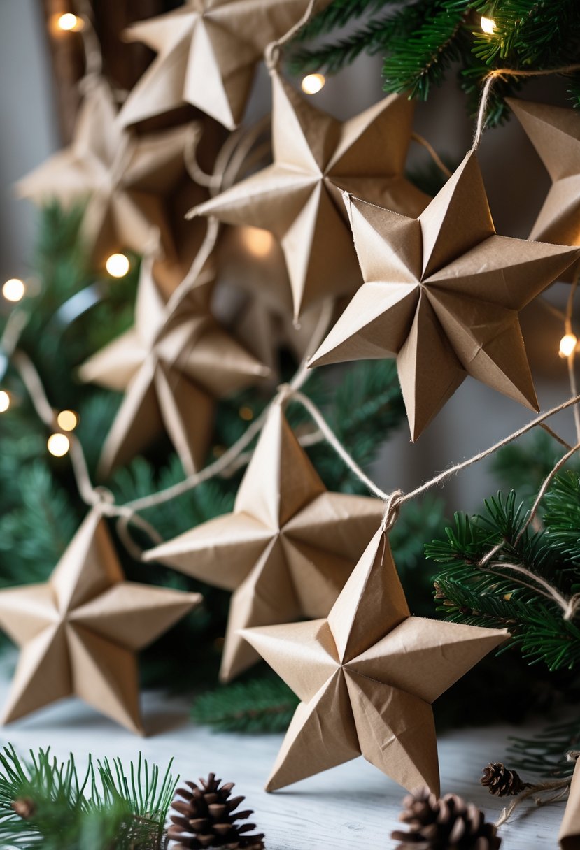 Brown paper bag star garlands hanging with pine branches and Christmas decorations in a warm holiday setting.