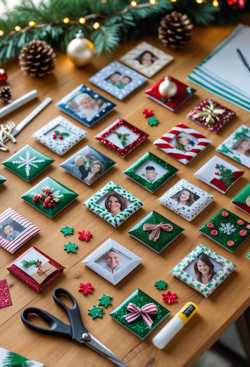 A wooden table with handmade personalized photo magnets featuring Christmas themes, surrounded by craft supplies and holiday decorations.