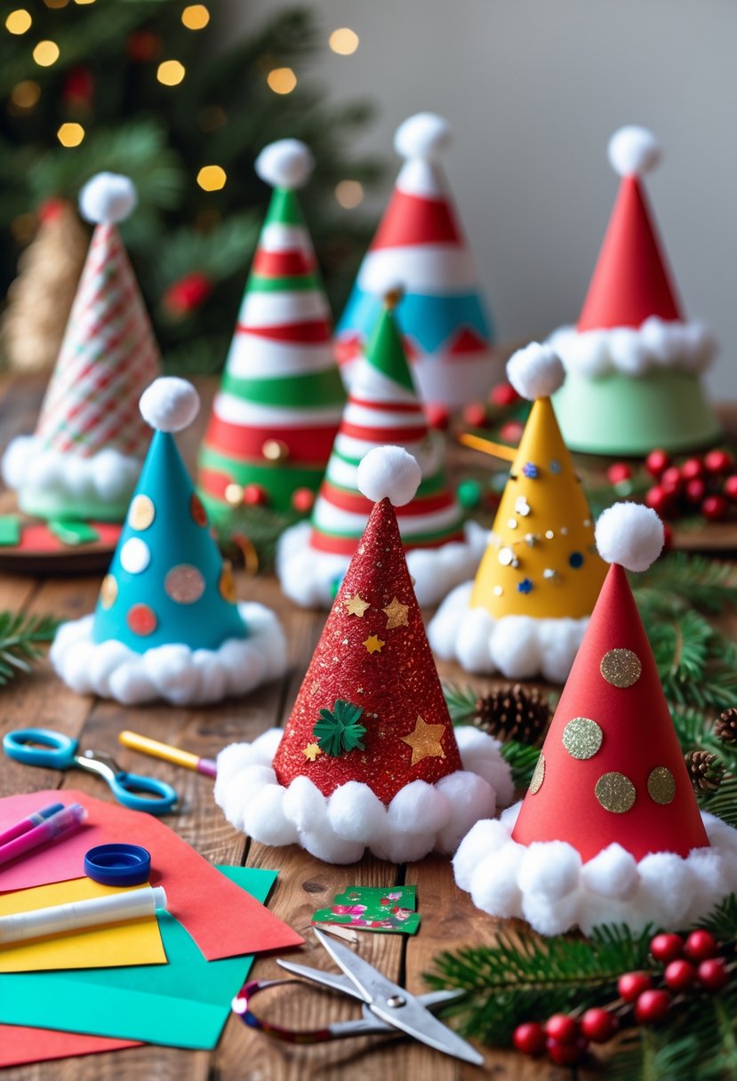 A collection of handmade paper Santa hats and crafting supplies arranged on a wooden table during Christmas.