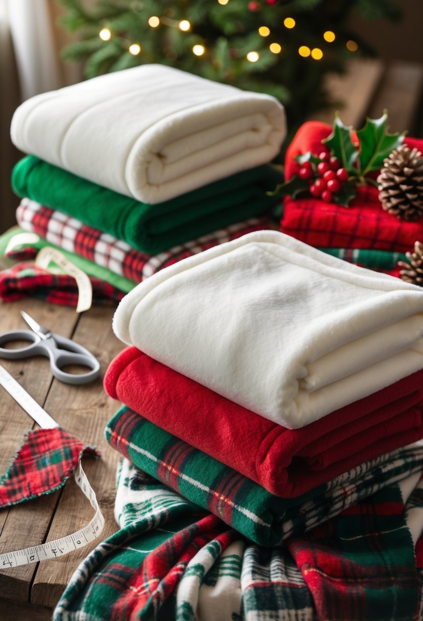 A table with colorful fleece blankets and crafting materials surrounded by Christmas decorations.
