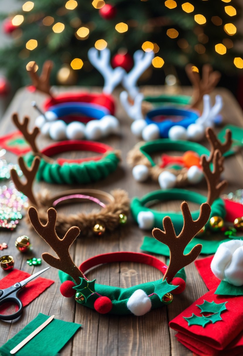 A collection of colorful felt reindeer antler headbands displayed with crafting supplies on a wooden table, surrounded by festive decorations.