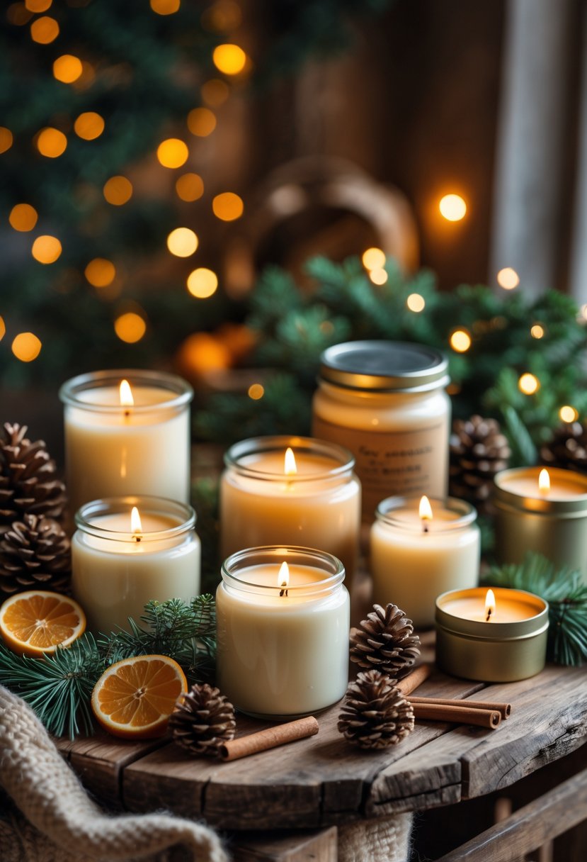 A collection of lit handcrafted soy candles on a wooden table surrounded by cinnamon sticks, pine cones, dried orange slices, and evergreen sprigs.