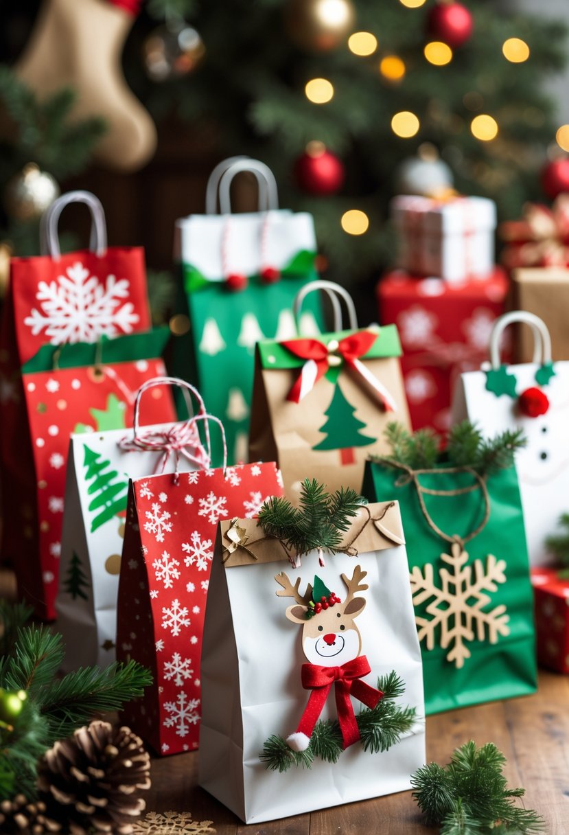 A collection of fifteen decorated Christmas paper bag wrappers arranged on a wooden table with holiday decorations in the background.