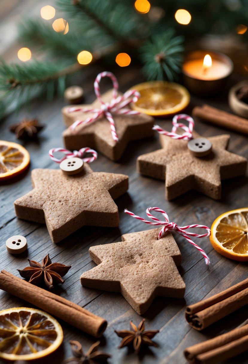 Handmade cinnamon ornament scent sachets shaped like stars and hearts arranged with cinnamon sticks and dried orange slices on a wooden surface.