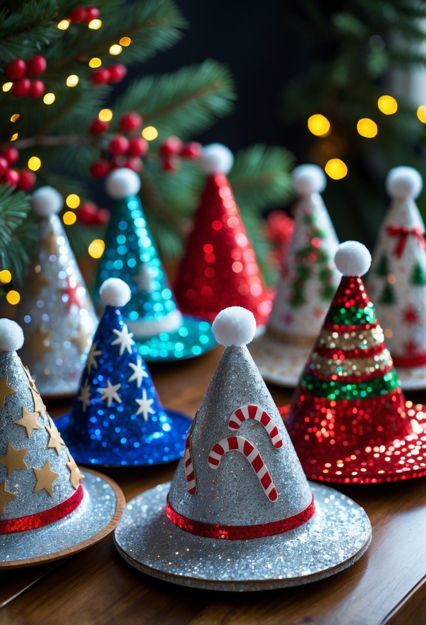 A collection of 15 colorful glitter and sequin Christmas holiday hats arranged on a table with festive decorations.