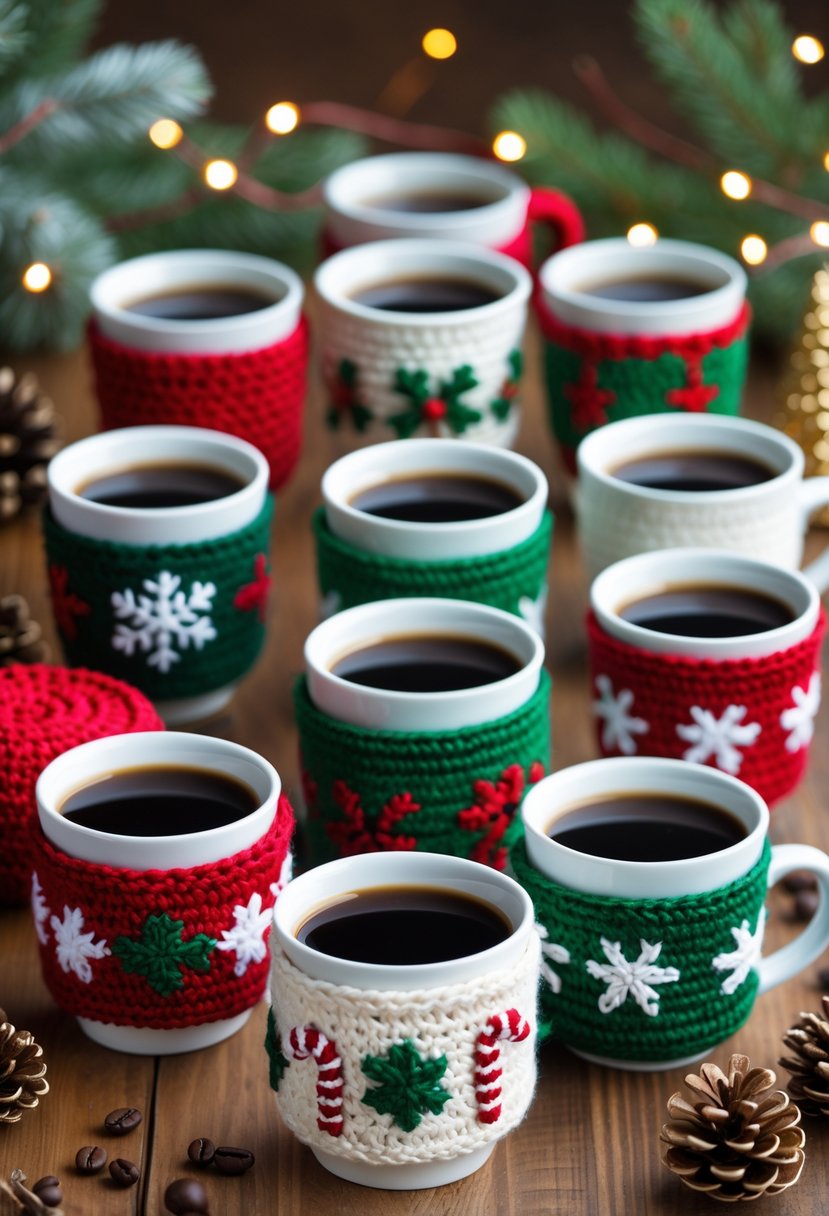 A collection of colorful crocheted coffee cup sleeves with Christmas designs arranged around coffee cups on a wooden table with festive decorations in the background.