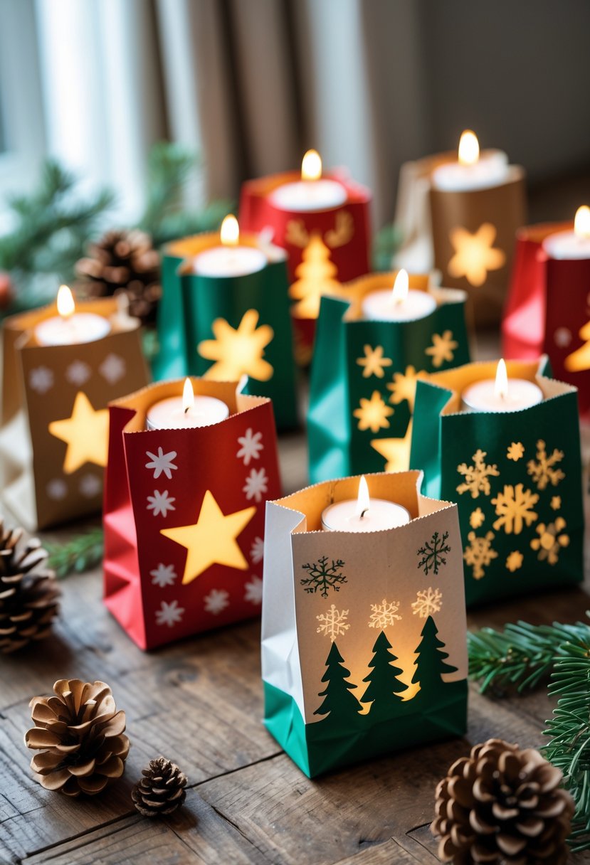 A collection of hand-painted paper bags with lit candles inside, decorated with Christmas designs and arranged on a wooden table with holiday decorations.