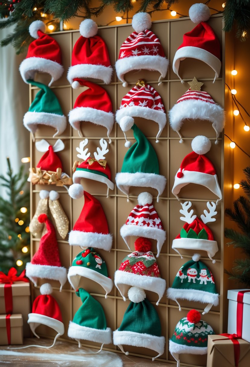 A display of 15 different creative Christmas hats arranged as an advent calendar with holiday decorations in the background.