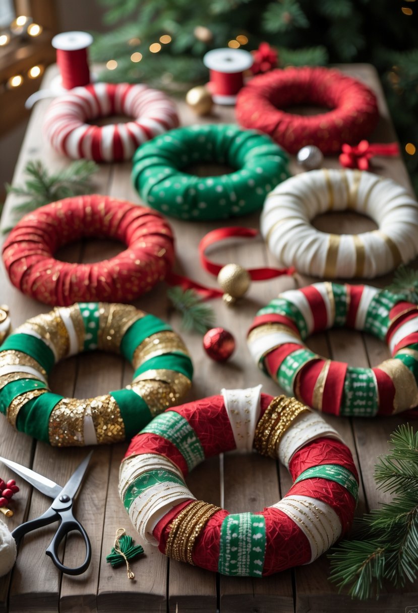 A table with several colorful handmade fabric wreaths surrounded by crafting supplies and holiday decorations.