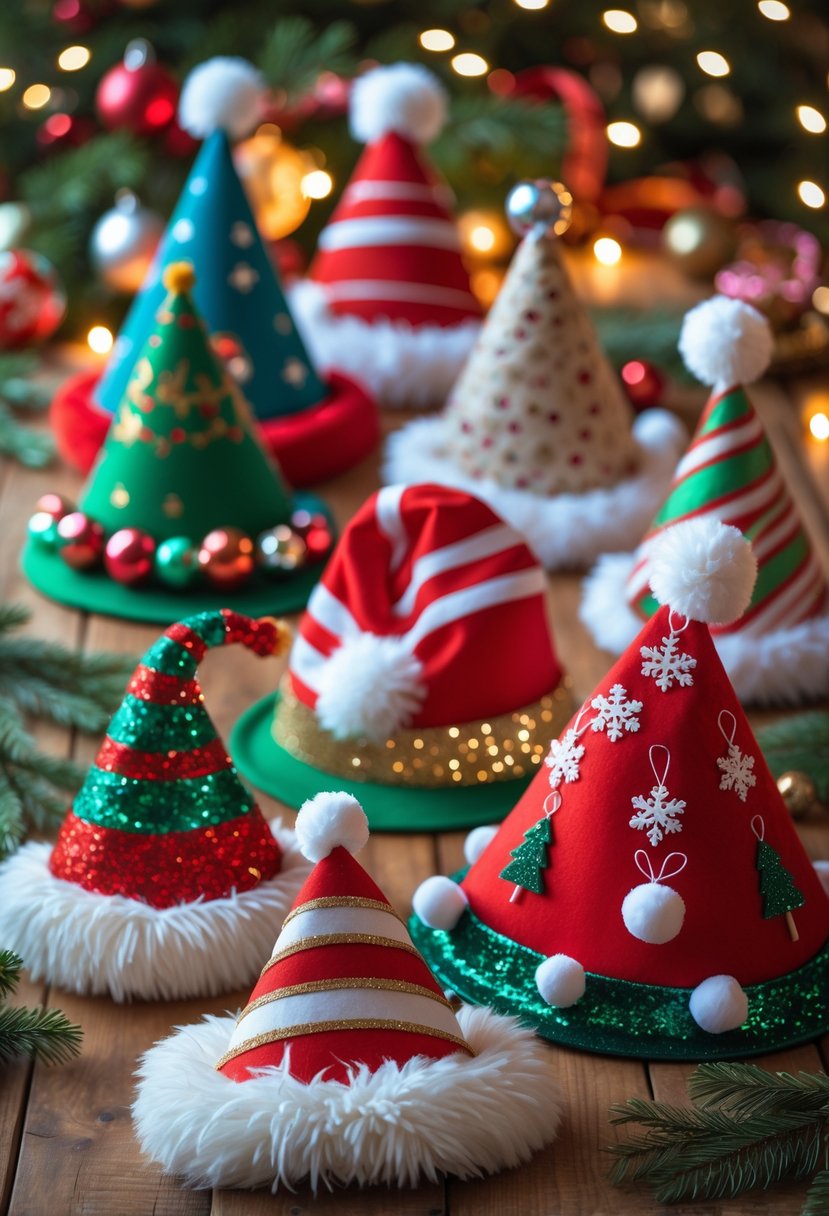 A collection of 15 colorful and creative Christmas hats displayed on a wooden table with festive decorations in the background.