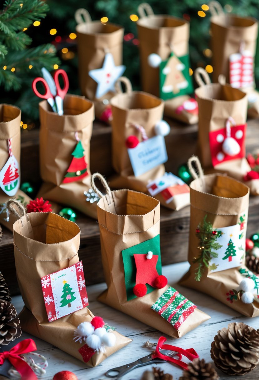 A collection of handmade Christmas stockings made from brown paper bags decorated with holiday crafts, displayed on a wooden table with crafting supplies around.