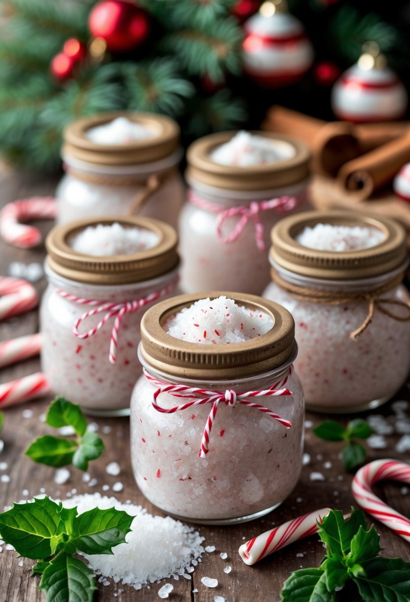 Several glass jars filled with peppermint sugar scrub on a wooden surface, surrounded by peppermint leaves, sugar crystals, and holiday decorations.