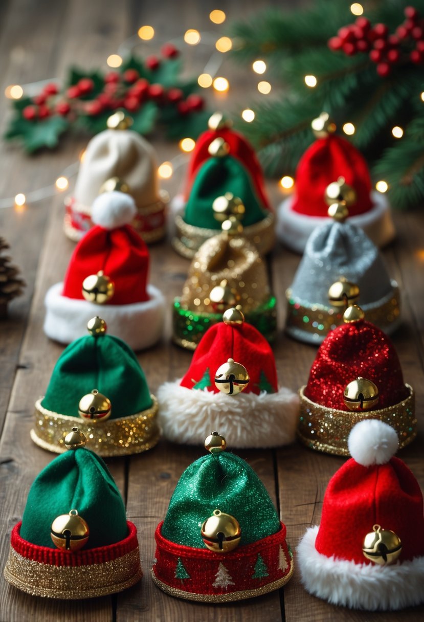 A collection of colorful handmade Christmas bell hat clips displayed on a wooden table with festive decorations.