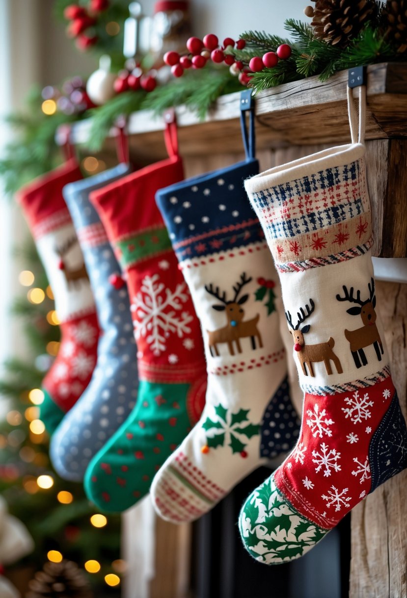 A mantel with several colorful hand-stitched Christmas stockings hanging, decorated with pine branches, berries, pine cones, and warm fairy lights.