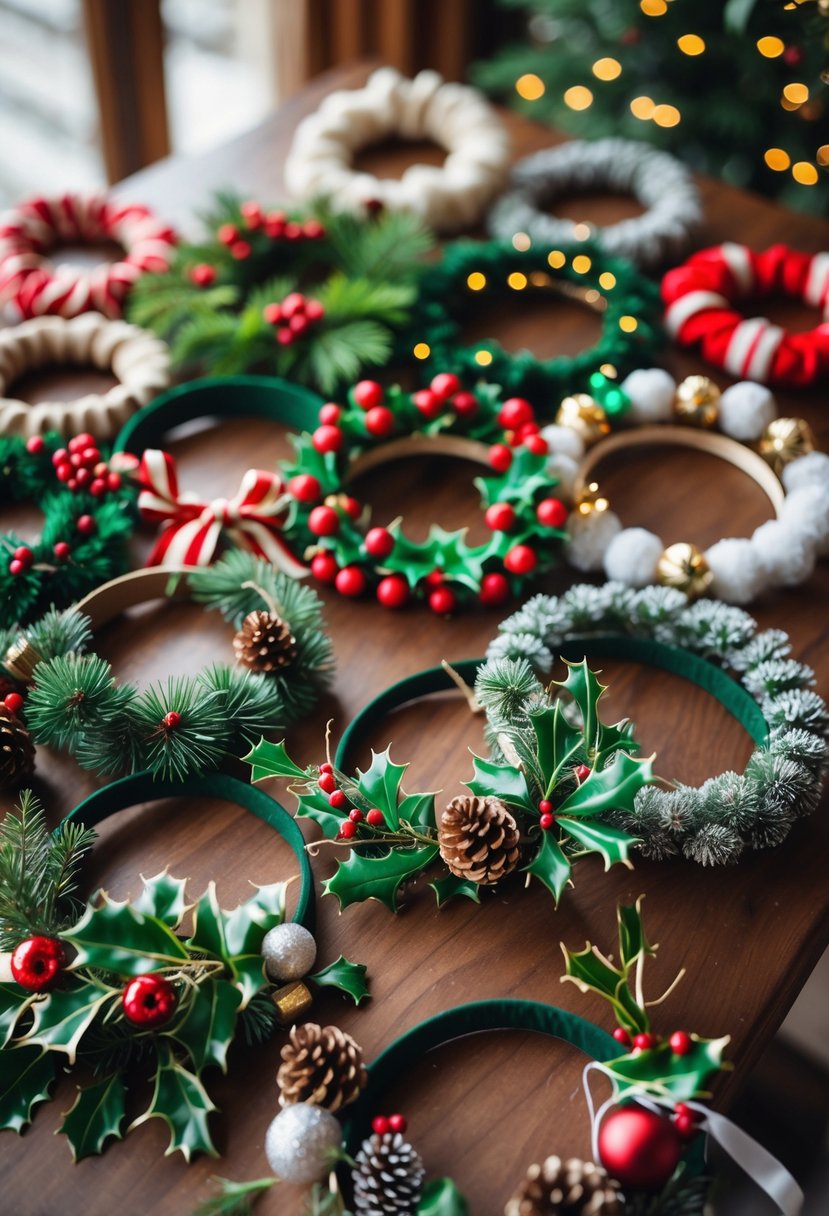 A collection of 15 colorful and festive Christmas holiday wreath headbands arranged on a wooden table.