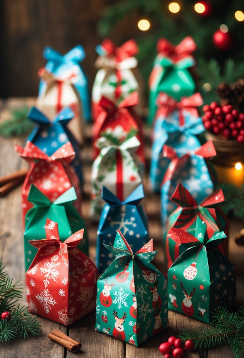 A variety of colorful origami paper bag gift boxes with Christmas patterns arranged on a wooden table with holiday decorations.