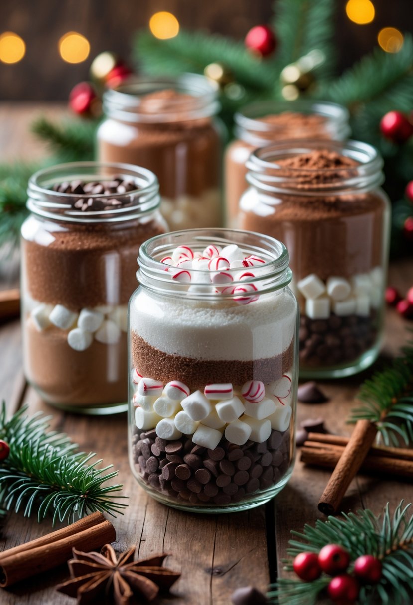 Several decorative jars filled with layered hot cocoa mix ingredients arranged on a wooden table with Christmas decorations around them.