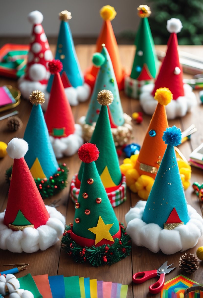 A collection of colorful handmade elf hats with pointed ears displayed on a table alongside crafting supplies.