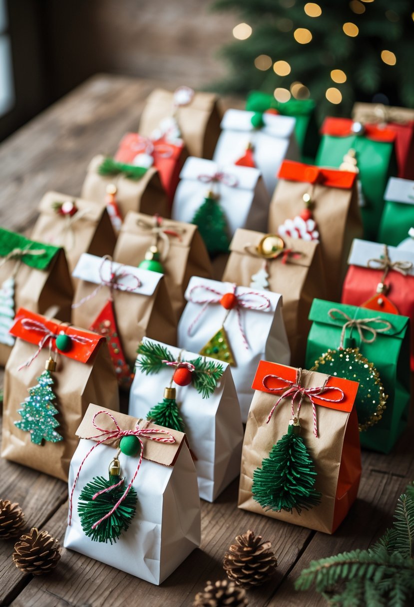 A collection of 15 decorated paper bag advent calendar pouches arranged on a wooden table with Christmas decorations.
