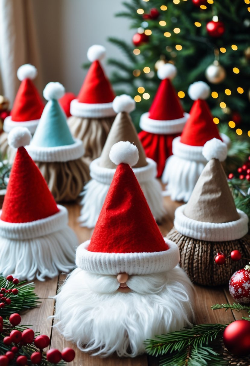 A collection of 15 handmade Christmas hats inspired by Santa's beard and hat, displayed on a table with holiday decorations.