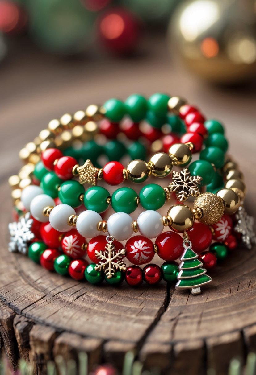 Close-up of handmade beaded bracelets with holiday-themed charms arranged on a wooden surface.