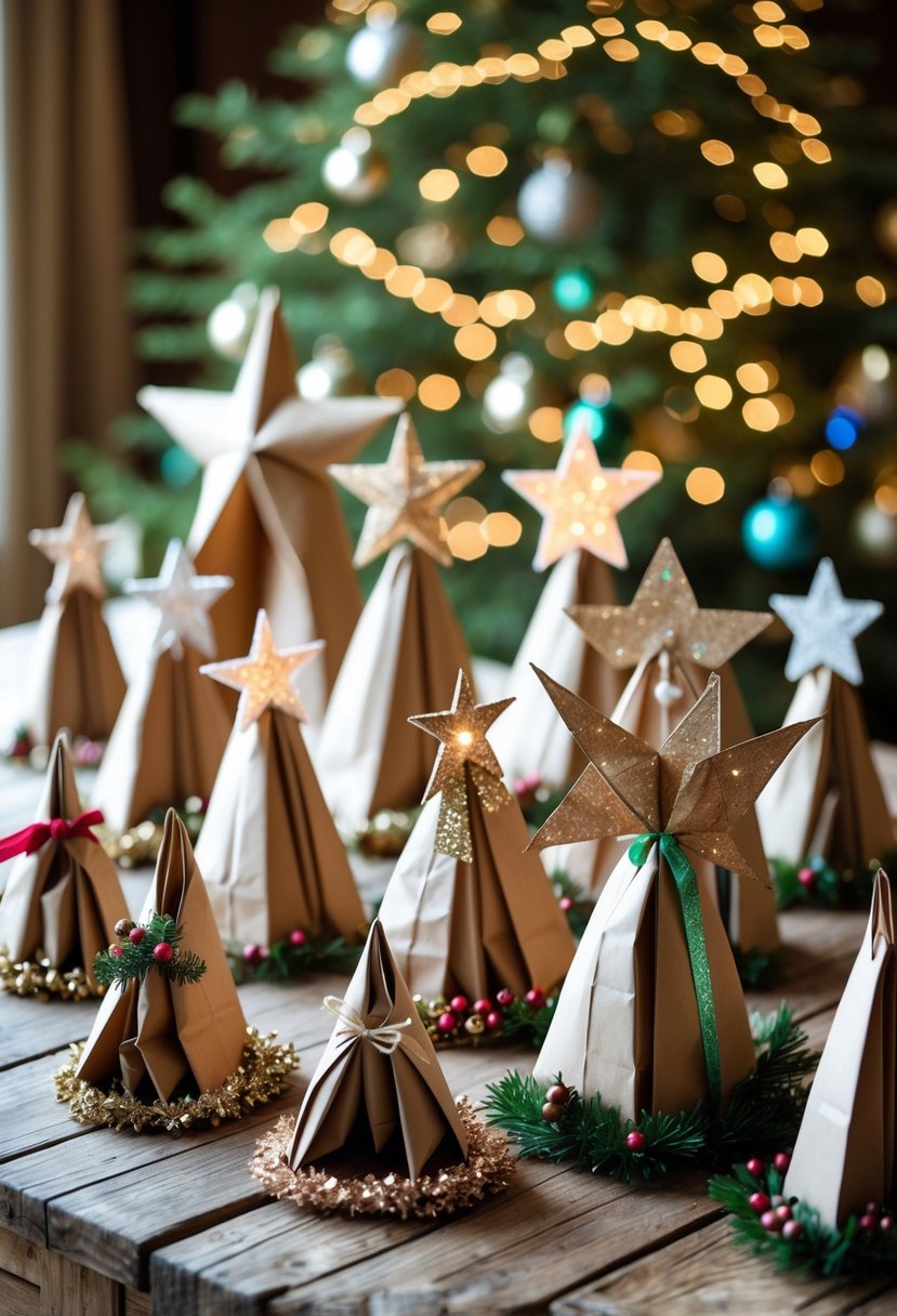 A collection of 15 handmade Christmas tree toppers made from brown paper bags arranged on a wooden table with a decorated Christmas tree in the background.