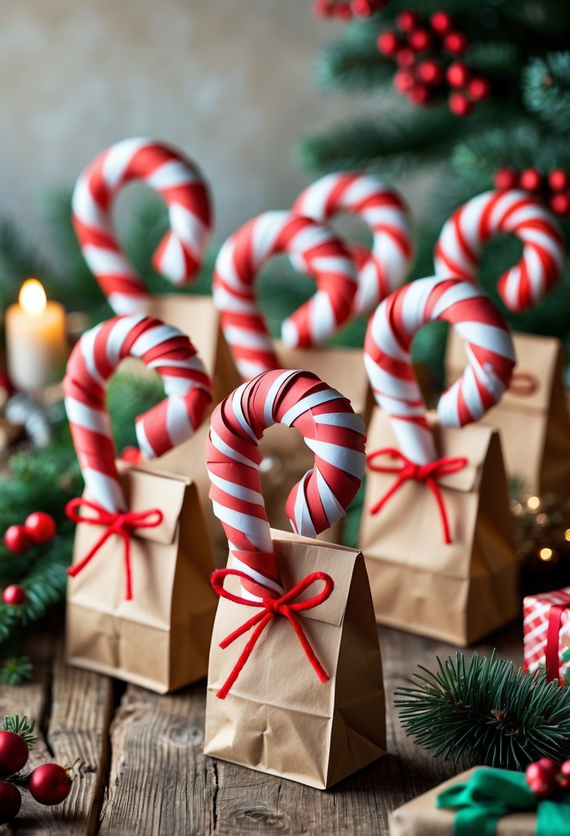 A collection of paper bag candy canes displayed on a wooden table with Christmas decorations around them.